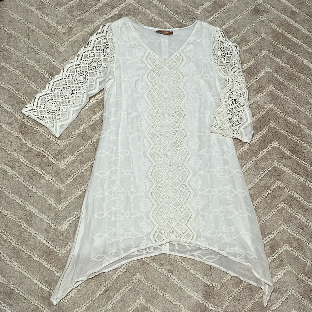 Brontë 3/4 sleeve dress; White Lacey Boho Style Dress; Short Lacey White Dress
